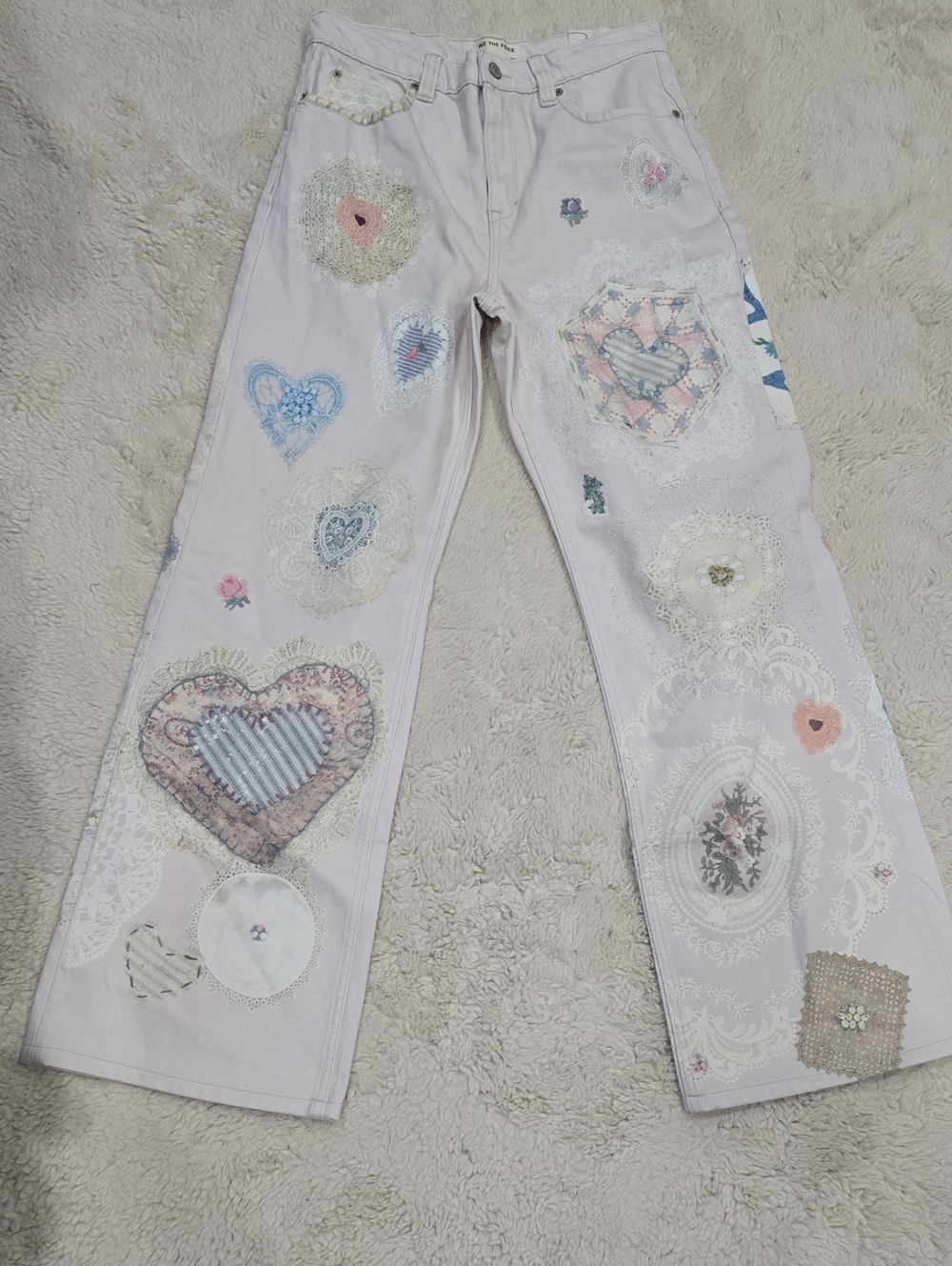 We The Free Pale Pink Patchwork Heart & Lace Wide-Leg Jeans